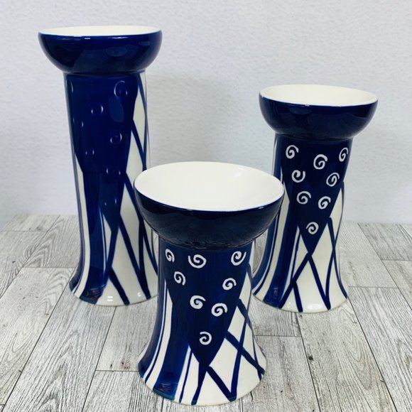 VTG Set of 3 Pacific Rim Candle Holders Blue White Ceramic Taper Candlestick - Picture 5 of 14
